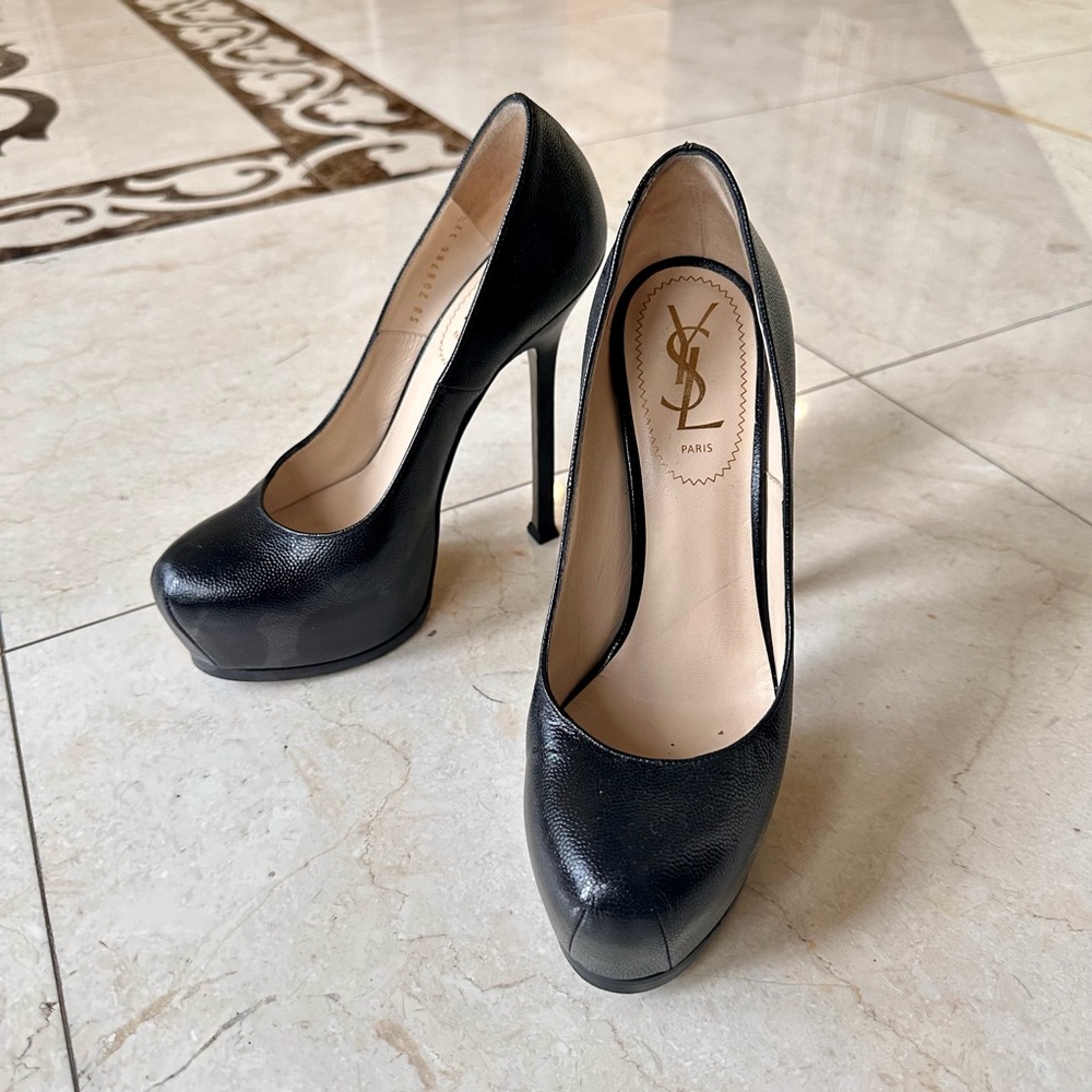 YSL Saint Laurent Black Leather Platform Tribtoo Pumps Heels 37.5 Like NEW